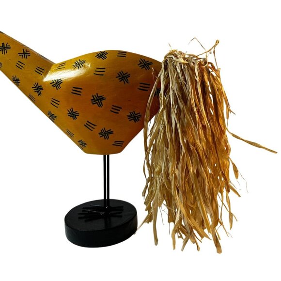 Handcrafted Wooden Yellow Decorative Rooster With Raffia Tail & Black Base Stand - Picture 5 of 10